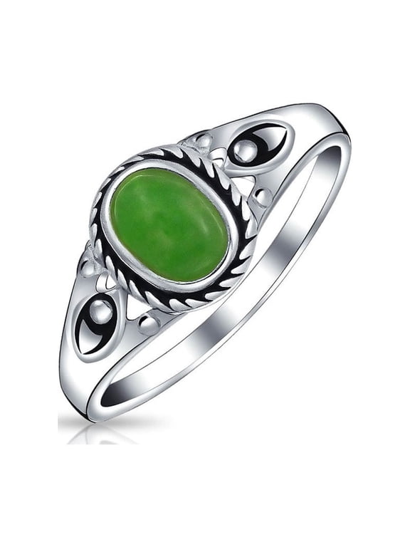 Womens Bali Style Bezel Set Oval Green Jade Ring Band Oxidized 925 Sterling Silver