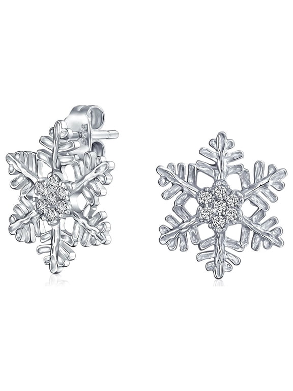 Womens Holiday Ice CZ Accent Snowflake Stud Earrings .925 Sterling Silver