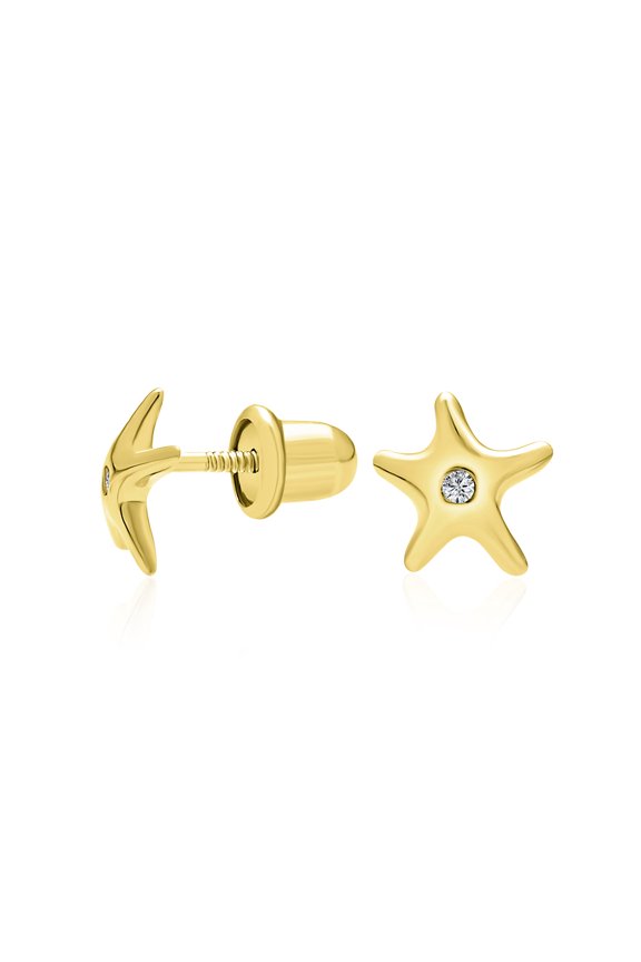 Womens 14K Yellow Gold Petite Tiny Nautical Starfish Stud Earrings Secure Screw Back