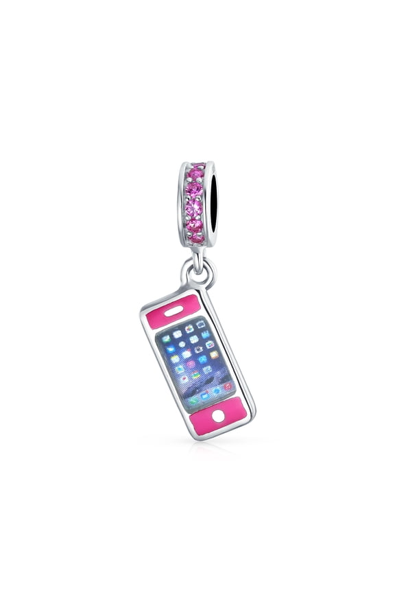 Womens Pink Cell Mobile Smart Phone Dangle Charm Bead Enamel .925 Sterling Silver Fits Bracelet