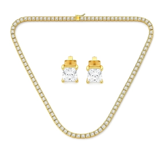 Bling Jewelry Womens Princess Cut CZ Tennis Necklace & 1CT Solitaire Stud Earrings Set Gold Plated