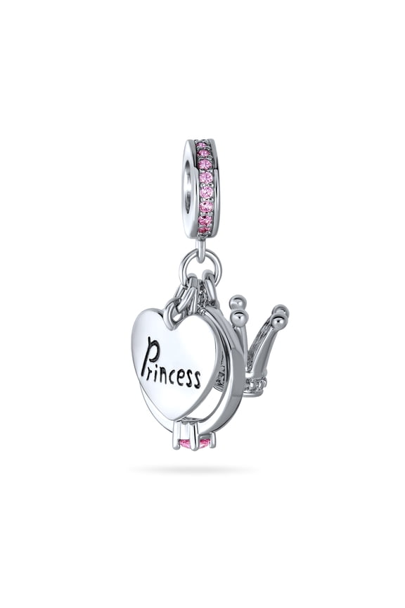Womens Princess Heart Crown Ring Pink Crystal Dangle Charm Bead for European Bracelet