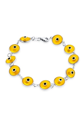 Womens .925 Sterling Silver Turkish Translucent Yellow Glass Bead Evil Eye Bracelet Protection Amulet 7 Inch