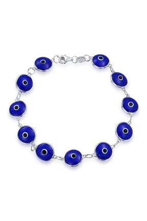 Womens Spirtual Turkish Blue Glass Evil Eye Bracelet .925 Sterling Silver 7.5 Inch
