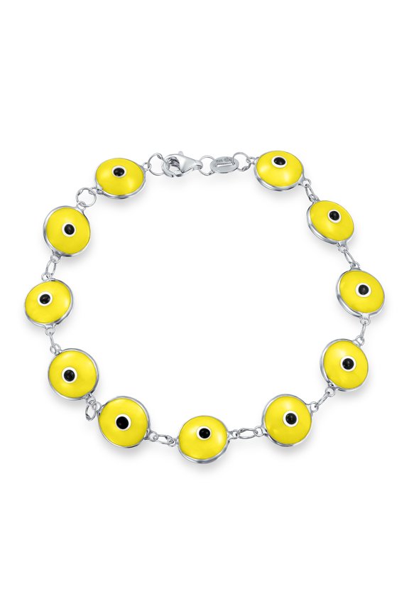 Womens .925 Sterling Silver Turkish Yellow Glass Bead Evil Eye Bracelet Protection Amulet 7 Inch