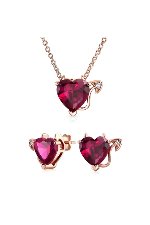 Womens Red CZ Devil Heart Pendant Necklace and Stud Earring Set Rose Gold Plated Silver