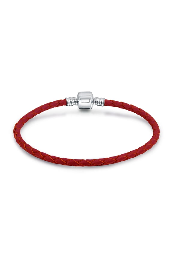 Womens Red Weave Braided Leather Strand Bracelet with Sterling Silver Barrel Clasp
