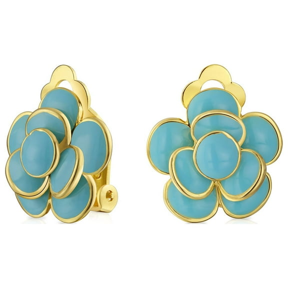 Bling Jewelry Womens Fashion Enamel 3D Turquoise Rose Flower Clip on Earrings Button Style for Non-Pierced Ears Gold Plated