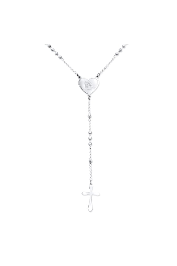 Womens Tiny 2MM Ball Link Heart Virgin Mary Cross Prayer Rosary Necklace Stainless Steel