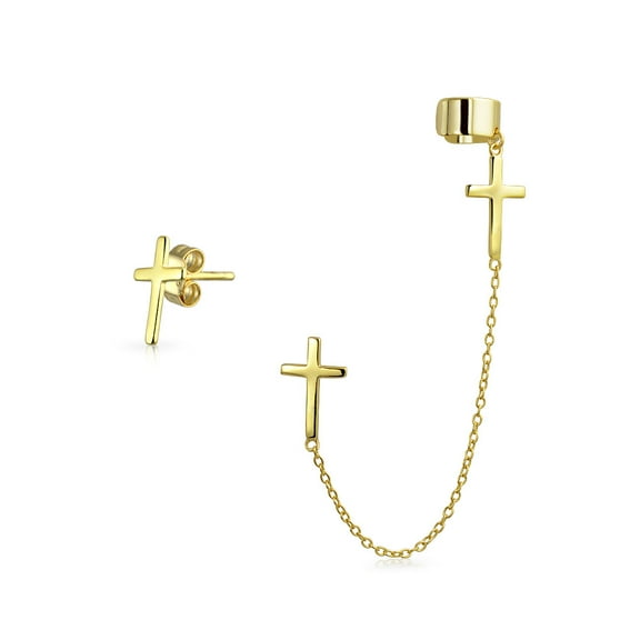 Bling Jewelry Womens Religious Cross Ear Cuff Cartilage Earring Set 14K Gold Plated Sterling Silver