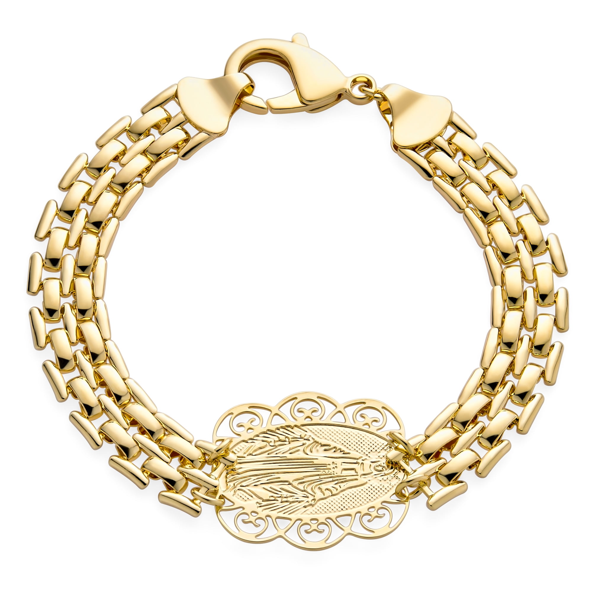 Bling Jewelry Womens Religious Sideways Medallion Lady of Guadalupe Bracelet Gold Plated Brass