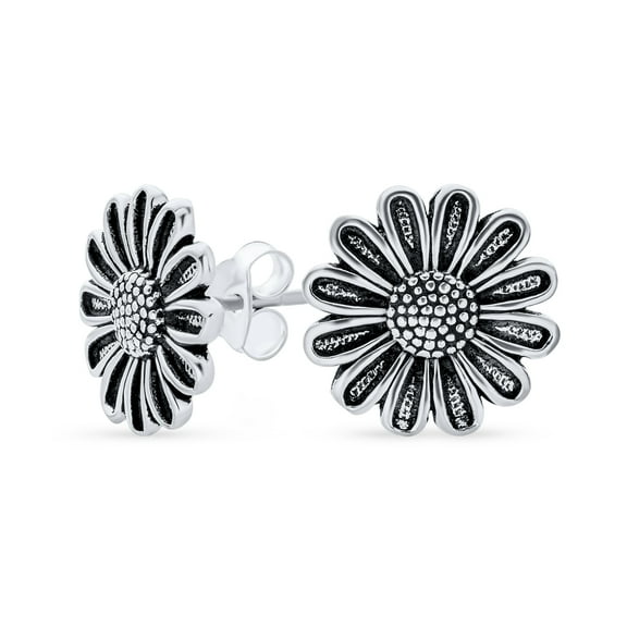 Bling Jewelry Womens Retro Floral Garden Party Sunflower Stud Earrings in Oxidized Sterling Silver