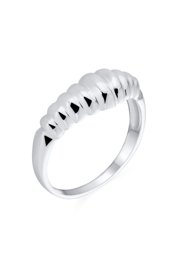Womens Ribbed Dome Croissant Silver Ring: Dainty Shrimp Band Thin Sterling