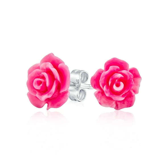 Bling Jewelry Womens Romantic 3D Carved Flower Hot Pink Rose Stud Earrings Lightweight 10MM