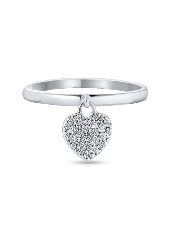 Womens Romantic CZ Pave Heart Charm Promise Ring .925 Sterling Silver 1MM Band
