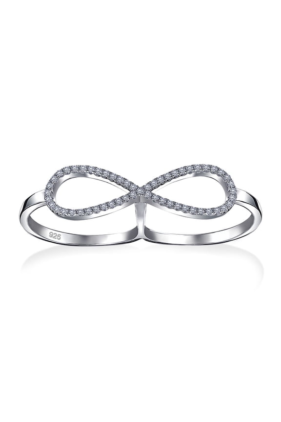 Womens Elegant CZ Pave Cubic Zirconia Two Finger Statement Infinity Ring Sterling Silver