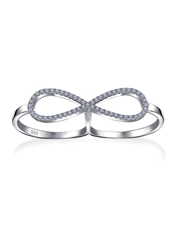 Womens Romantic Trendy Statement CZ Pave Infinity Two Finger Ring Sterling Silver