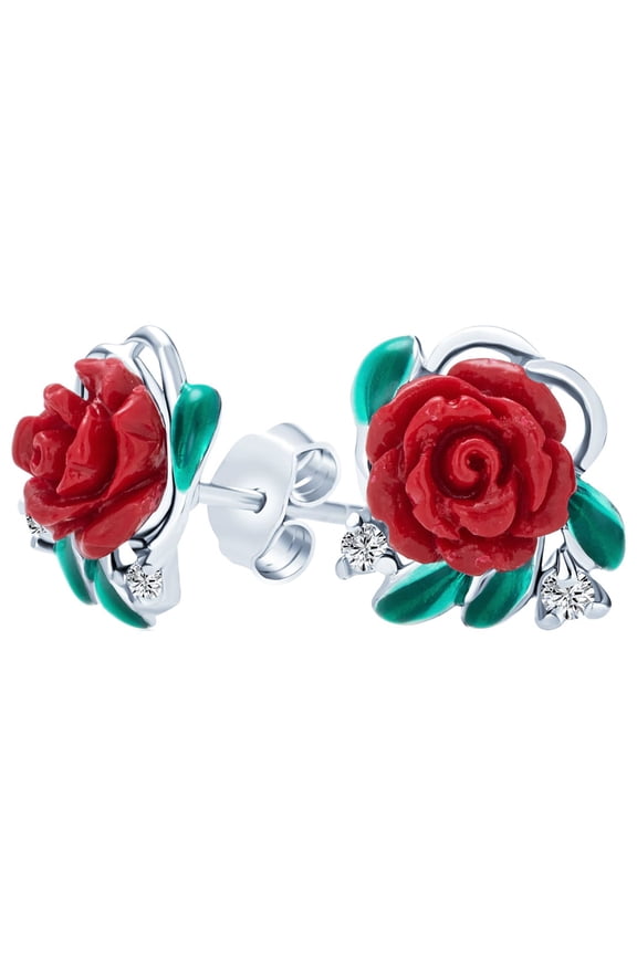 Womens Romantic Craved Floral 3D Red Rose Flower Drop Dangle Earrings Sterling Silver