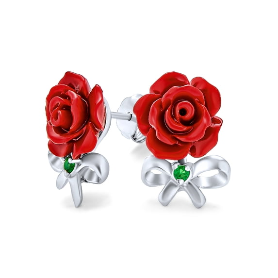 Bling Jewelry Womens Romantic Floral Emerald Green CZ Stud Earrings with 3D Carved Red Rose Design
