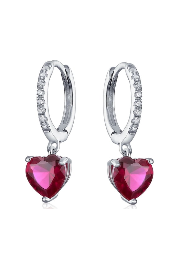 Womens Romantic Love Pink Red Cubic Zirconia CZ Dangling Heart Huggie Mini Hoop Earrings Sterling Silver