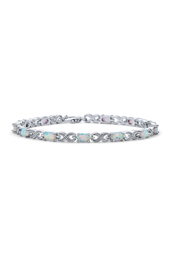 Womens Romantic Created White Opal Milgrain Infinity Tennis Bracelet .925 Sterling Silver