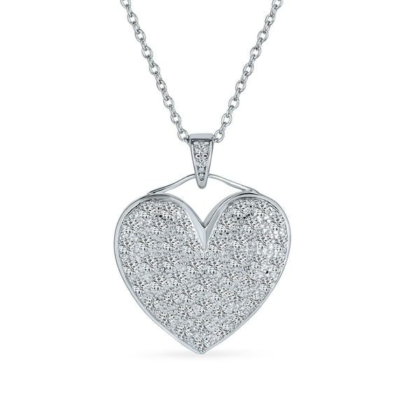 Bling Jewelry Womens Romantic Elegant Large Pave Cubic Zirconia CZ Puff Heart Shape Pendant Necklace Sterling Silver