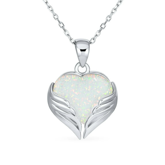 Bling Jewelry Womens Romantic Love Gemstone White Opal Heart Angel Wing Pendant Necklace Silver