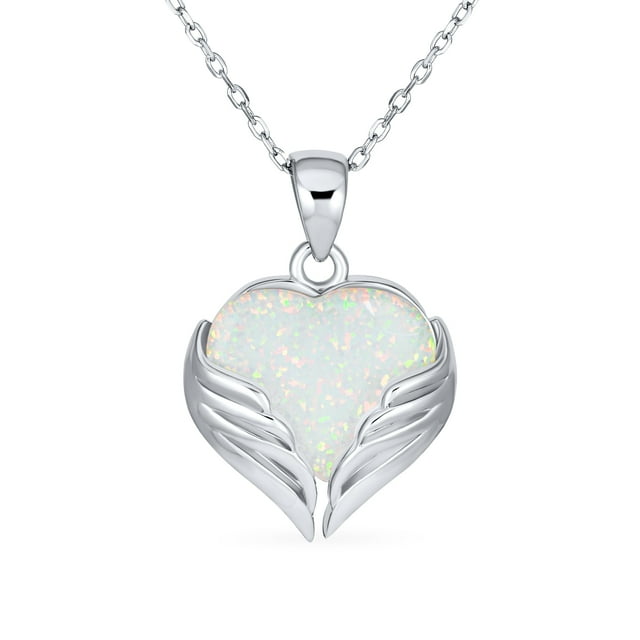 Bling Jewelry Womens Romantic Love Gemstone White Opal Heart Angel Wing Pendant Necklace Silver