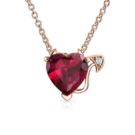 Bling Jewelry Womens Whimsical Cubic Zirconia Ruby Red CZ Devil Heart Pendant Rose Gold Sterling Silver
