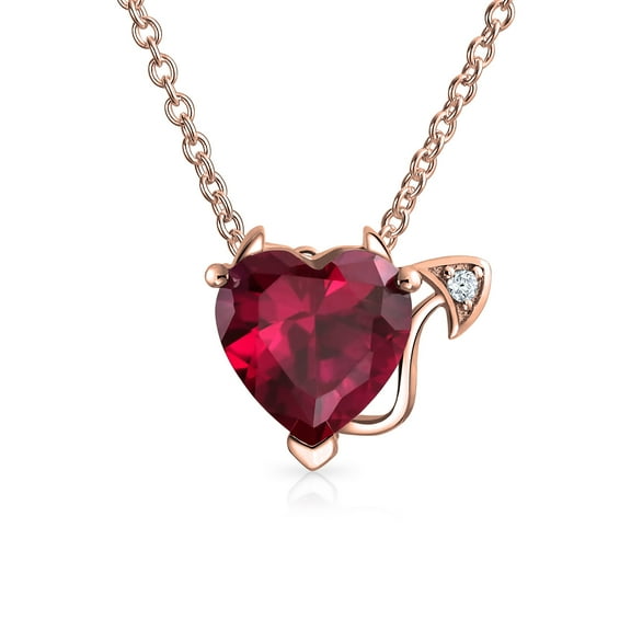 Bling Jewelry Womens Whimsical Cubic Zirconia Ruby Red CZ Devil Heart Pendant Rose Gold Sterling Silver