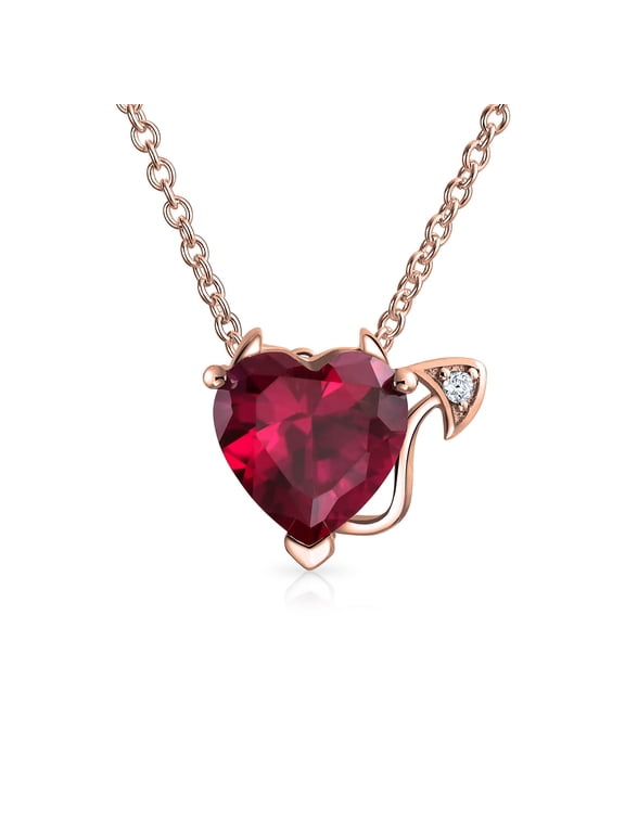 Womens Romantic Ruby Red Devil Heart Pendant Necklace Rose Gold Sterling Silver