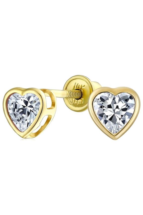 Womens Romantic Love Tiny Mini Cubic Zirconia Clear CZ Heart Stud Earrings 14K Yellow Gold