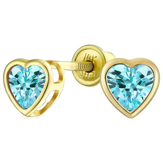 Bling Jewelry Womens Romantic Love Tiny Mini Cubic Zirconia Aqua Blue CZ Heart Stud Earrings 14K Yellow Gold