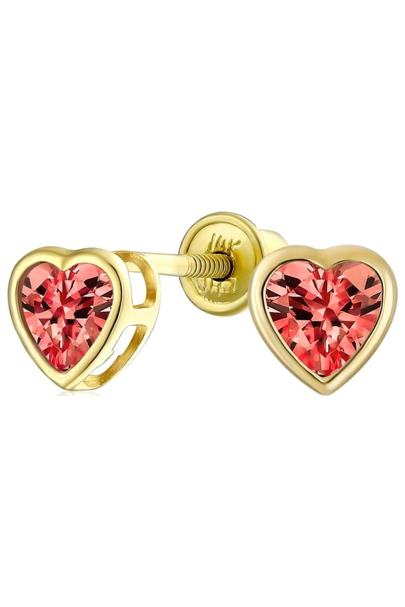 Womens Tiny Dark Red Bezel Set Heart CZ Stud Earrings Real 14K Yellow Gold Screw back