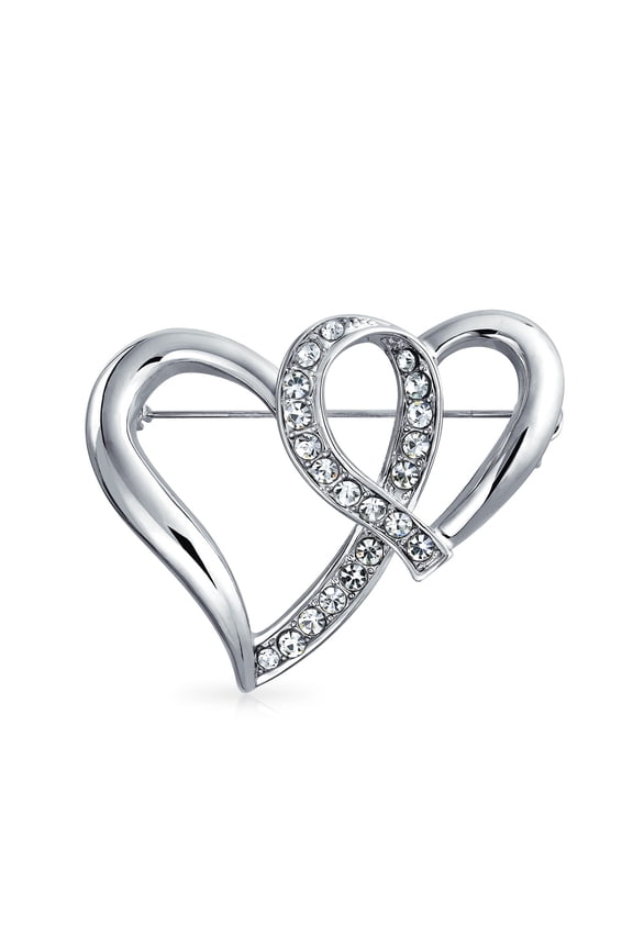 Womens Romantic Large Statement Crystal Double Heart Brooch Pin Silver Plated