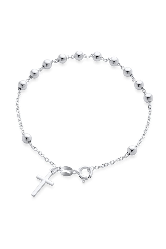 Womens Rosary Cross Bracelet .925 Sterling Silver Thin Simple Religious Prayer 6MM Ball Beads Adjustable