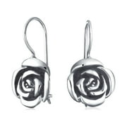 BLING JEWELRY Womens Rose Flower Drop Earrings French Wire Black Oxidized . Sterling Silver