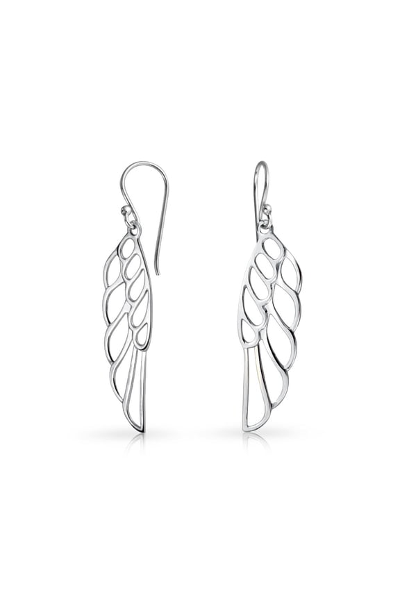 Womens Sterling Silver Religious Angel Wing Feather Christmas Dangle Earrings Fish Hook French Wire