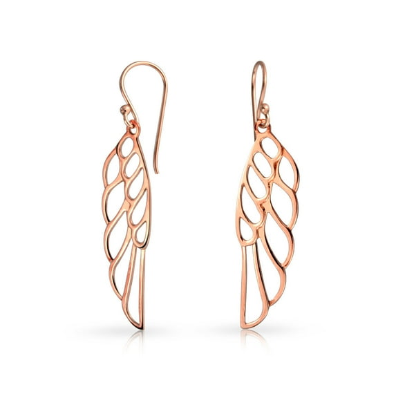 Bling Jewelry Womens Rose Gold Plated Angel Wing Feather Dangle Earrings in Sterling Silver
