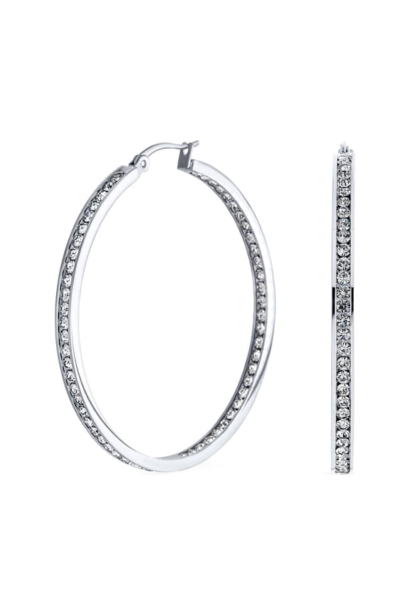 Womens Round Channel Set CZ Hoop Earrings Silver Gold Tone Black Stainless Steel 2 Inch