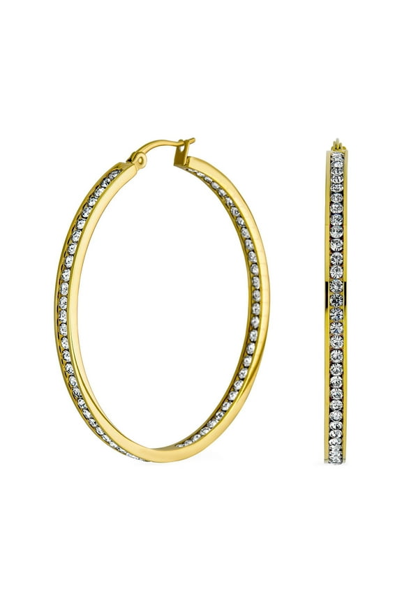 Womens Channel Set Crystal Large Statement Hoop Earrings Stainless Steel 2" Diameter