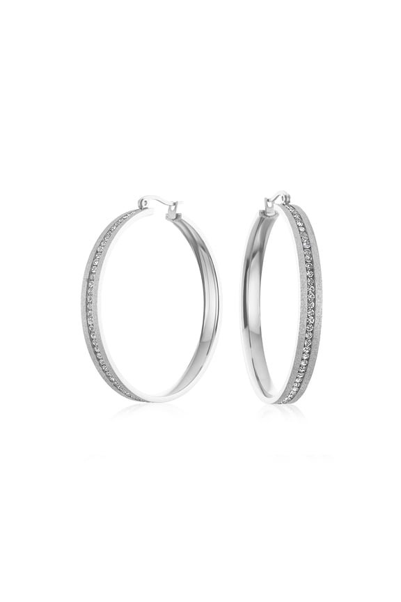 Womens Channel Set CZ Large Hoop Statement Earrings Stardust Finish Silver Tone Stainless Steel 2 Inch