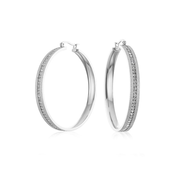 Bling Jewelry Womens Round Channel Set CZ Hoop Earrings Stardust Brush Matte Finish Steel 2 Inch