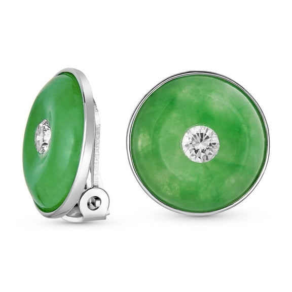 Bling Jewelry Womens Round Disc Green Jade Clip-On Earrings with CZ Accent in Sterling Silver
