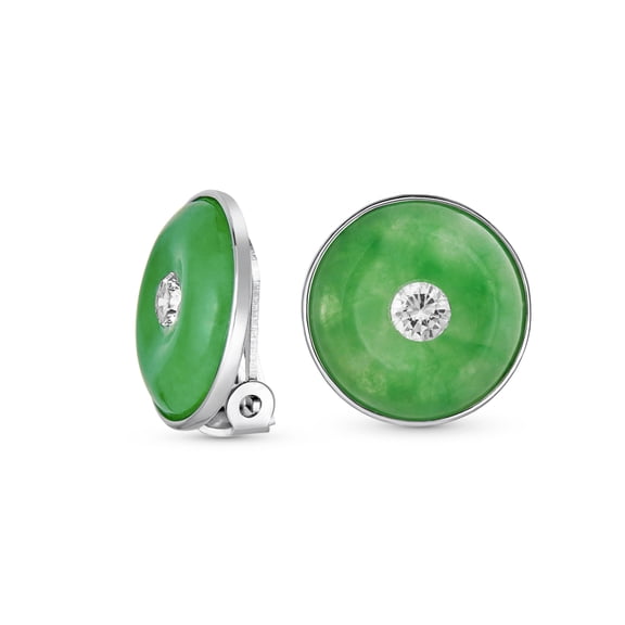 Bling Jewelry Womens Round Disc Green Jade Clip-On Earrings with CZ Accent in Sterling Silver