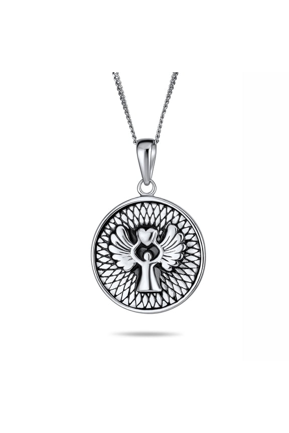 Womens Round Medallion Disc Guardian Angel Pendant Necklace in Sterling Silver