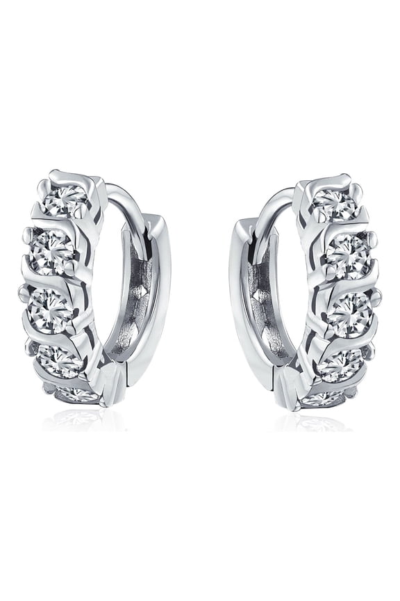 Womens Round Solitaire CZ S-Style Wave Kpop Huggie Hoop Earrings Sterling Silver