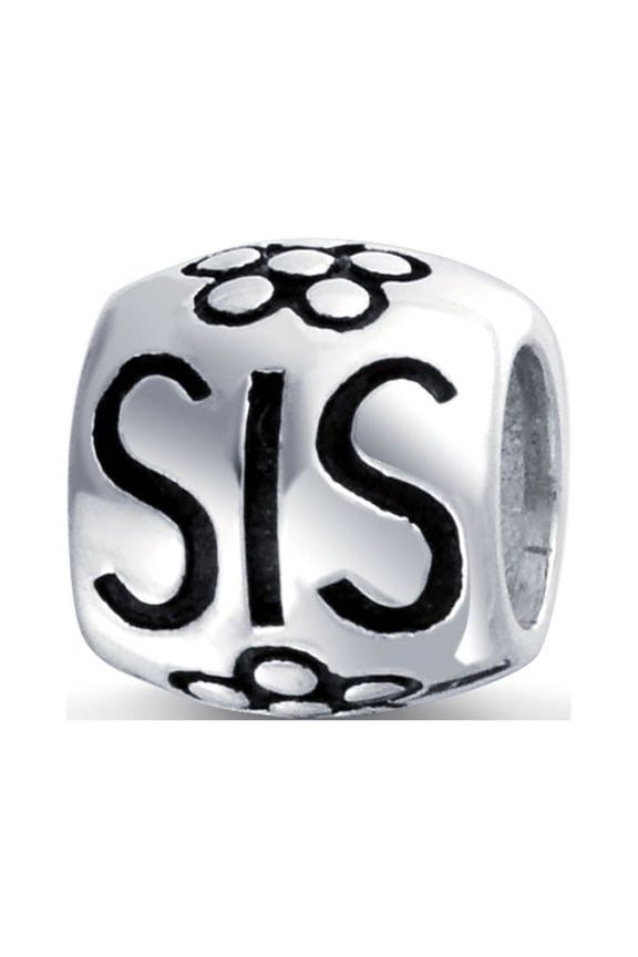 Womens SIS Heart Flower Charm Bead for BFF Sorority Sister Sterling Silver Bracelet