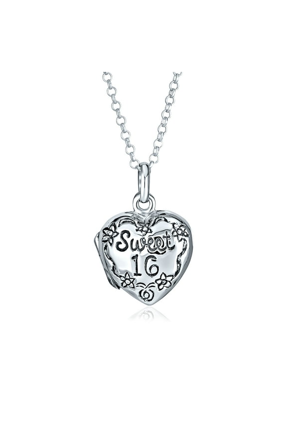 Womens SWEET 16 Locket Necklace for Photos - Heart Flower Design Photo Holder
