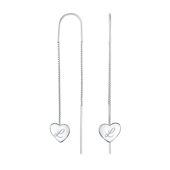 Bling Jewelry Womens Script Initial Alphabet A-Z Long Flat Heart Chain Threader Earrings Silver